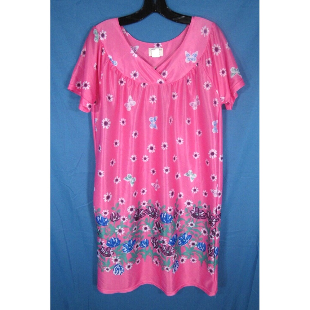 LATI FISHION Nightgown/House Dress SILKY PINK FLORAL MUMU KAFTAN 1-Pocket sz M